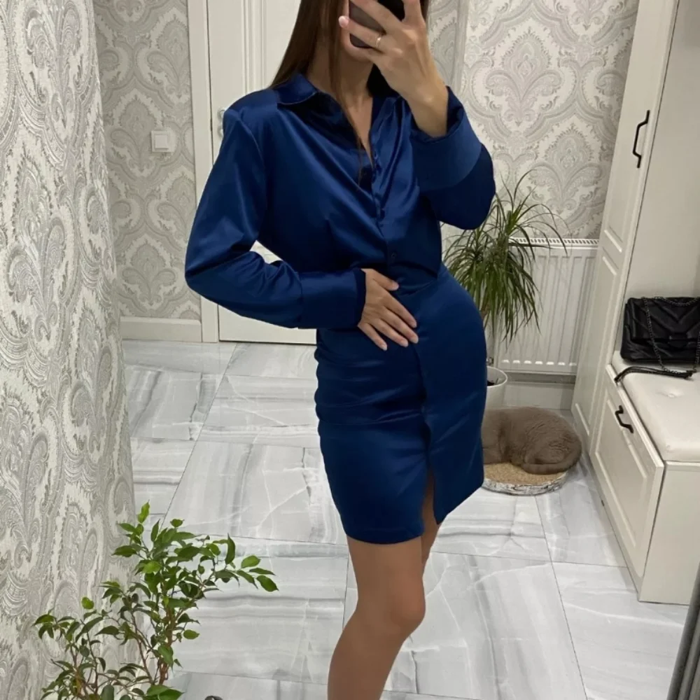 Sapphire Blue Long Sleeve Button Down Satin Effect Mini Dress - Picture 15 of 16